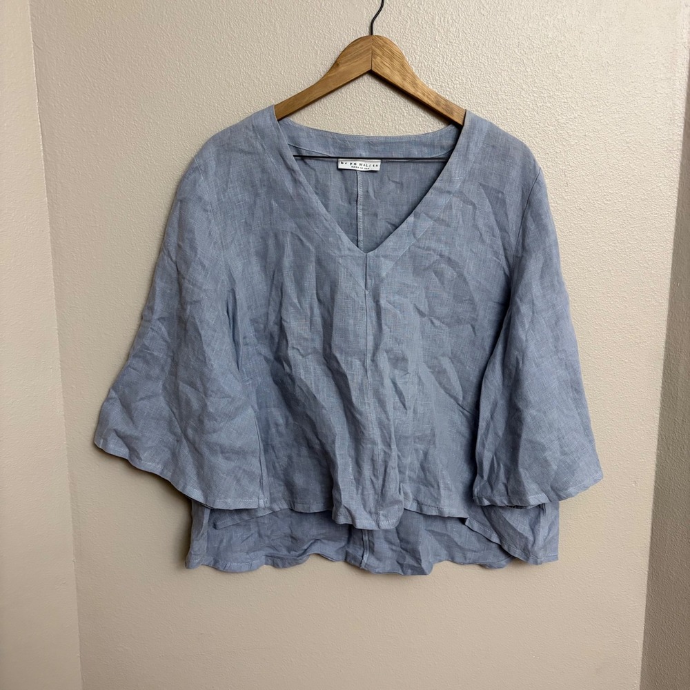 Bryn Walker Linen V-Neck Bell Sleeve Top Small Blue Lagenlook Coastal
